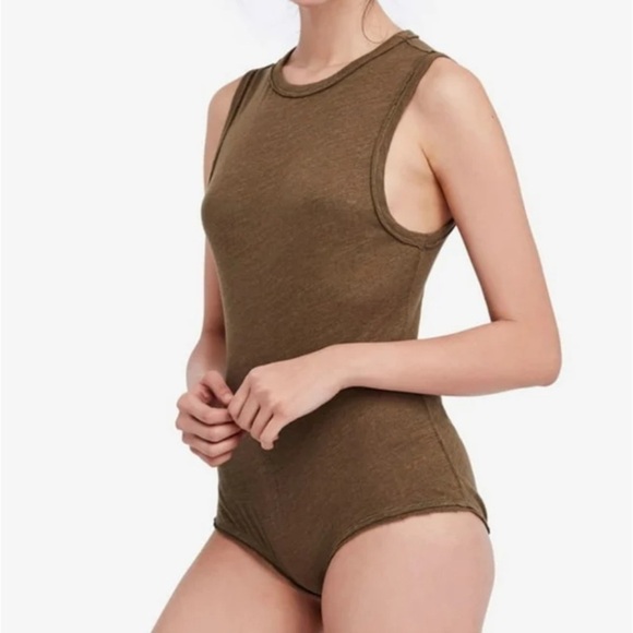 Free People Intimately All The Time Linen Green Bodysuit Womens Large Sleeveless - Picture 1 of 10
